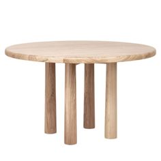 a wooden table with three legs and a round shape on the top, against a white background