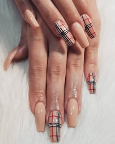 Burberry Nails, Plaid Nail Designs, French Pedicure, Gel Pedicure, Plaid Nails, Nails Design Ideas, Summer Acrylic Nails, Diy Slime, Orange Nails