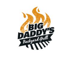 the big daddy's backyard grill logo is orange and black with flames coming out of it