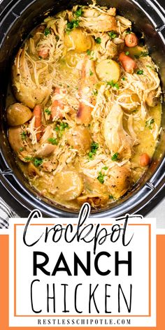 Overhead view of a crockpot with chicken, potatoes, and carrots in a rich gravy. Recipes With Ranch Packet, Crockpot Ranch Chicken, Crock Pot Chicken Recipes, Ranch Chicken Recipe, Ranch Chicken Crockpot, Ranch Packet, Ranch Chicken Recipes