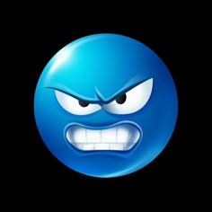 an angry blue emotictor with eyes and mouth wide open on a black background