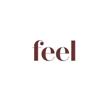 the word feel written in brown on a white background