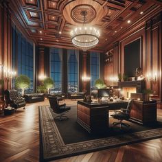 an elegant office with wood paneling and chandelier