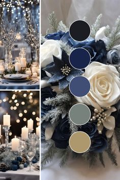 blue and white wedding decor with candles, flowers and greenery in the centerpieces