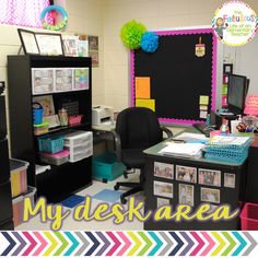 a classroom with desks, chairs and pictures on the wall