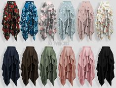 the different styles of skirts are shown in multiple colors and sizes, including pink, blue,