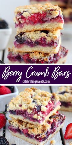 berry crumb bars stacked on top of each other