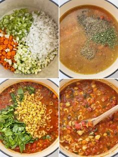 four pictures showing the steps to make mexican soup in one pot, including beans, rice, and vegetables