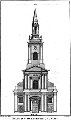 an old black and white drawing of a church with a clock on it's steeple