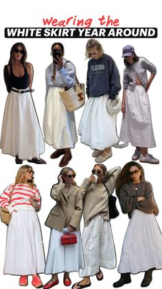 Wearing the white skirt year around Skirt Outfit Inspiration, White Skirt Outfit, Skirt Outfit Fall, White Skirt Outfits, Trendy Outfit Ideas, Skirt Outfits Fall, Fall Trends Outfits, Long Skirt Outfits