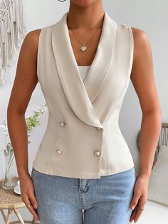 Blanco Elegante Collar sin mangas Tela tricotada Liso Chaleco Embellished No-Elástico Plain Vest, Singer Fashion, Shawl Collar Blazer, Vests For Women, Sleeveless Blazer, Diy Clothes Design, Ladies Blazer, Future Clothes, Capes For Women