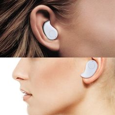 a woman with ear buds on her ears is shown in two different pictures, one showing the