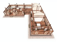 the floor plan for a house with two levels and three rooms, all in wood