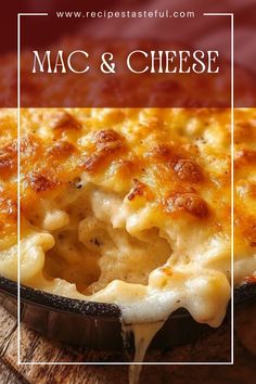 macaroni and cheese in a skillet on a wooden table with text overlay