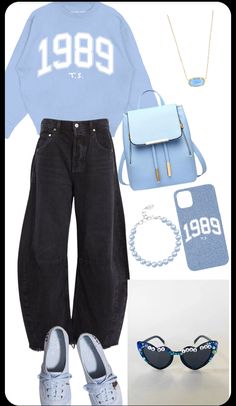 a woman in blue shirt and black pants with sunglasses on her head, phone case, purse