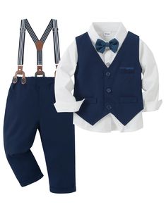 PRICES MAY VARY. Material: Toddler boy wedding outfit is made of 95% polyester and 5% spandex.Soft, breathable and skin-friendly for your little boy. Practical Design: Toddler boys formal suit is tailored for the little gentleman.The single-breasted vest with faux pockets enhances the formal look, making your boy stand out at any events. Occasions: Toddler boy gentleman outfit is suitable for various formal occasions such as baptisms, pageants, parties, weddings, church services, cocktail partie Boys Outfits For Wedding, Ring Bearer Navy Suit, Fitted White Sets With Bow Tie, White Fitted Sets With Bow Tie, Elegant Fitted Dress-up Sets, Blue Fitted Dress-up Sets, Baby Wedding Outfit Boy, Toddler Boy Wedding Outfit, Toddler Wedding Outfit Boy