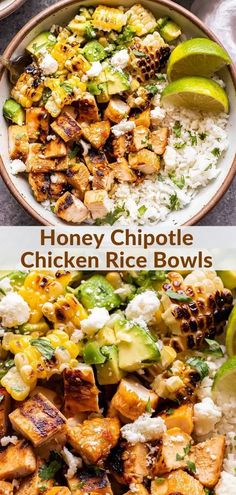 chicken rice bowls with avocado and cilantro on the side are shown