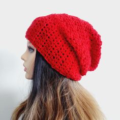 Red Brimmed Crochet Hat Made Of Yarn, Red Acrylic Yarn Beanie Hat, Red Acrylic Yarn Beanie, Crochet Slouchy Beanie For Fall, Slouchy Crochet Beanie For Fall, Handmade Slouchy Crochet Cap, Fall Crochet Slouchy Beanie, Casual Red Yarn Beanie, Warm Crochet Hat One Size