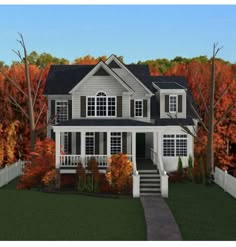 this is an artist's rendering of a house in the fall with trees and foliage