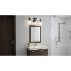 a bathroom with a sink, mirror and shower stall is shown in this image from the front view