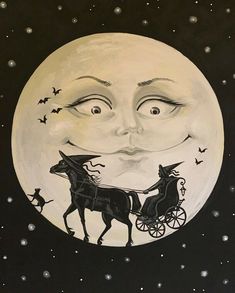 a painting of a horse drawn carriage in front of a full moon with bats on it