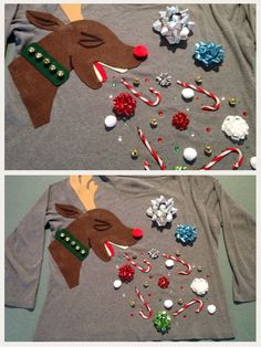 two pictures of the same shirt with christmas decorations on it, one has a reindeer's head and another has candy canes