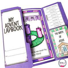 an open bible book with the words my advent lapbook written in purple and green