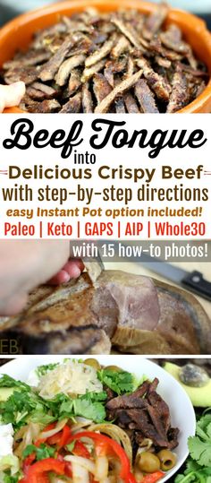 beef and onions in a bowl with text overlay that reads beef and tongue delicious crispy beef with step - by - step directions easy instructions