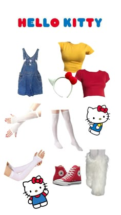 hello kitty clothes and accessories are arranged in the shape of a collage with words that read, hello kitty