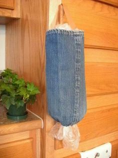 an old pair of jeans is hanging on the wall next to a potted plant