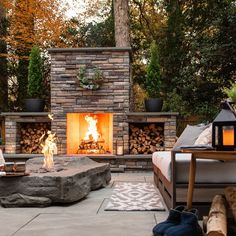 a fire place in the middle of a patio