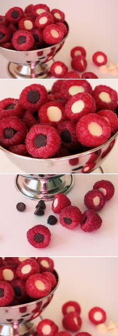 red raspberries are arranged in three tiered trays