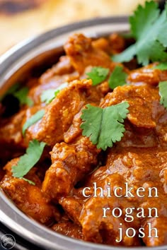 chicken rogan josh with cilantro and parsley in a metal bowl