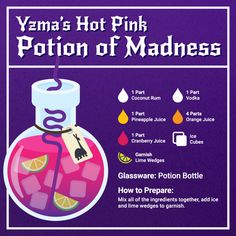 a bottle filled with pink liquid next to a purple and white sign that says, yama's hot pink portion of madness