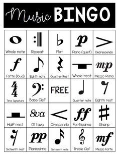 an image of music bingo game with musical notes and symbols on it's side