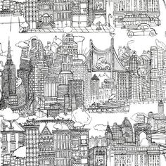 a black and white drawing of a cityscape