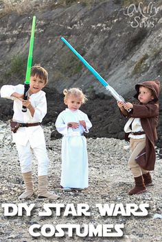 three children dressed up as star wars characters holding lightsabes with text that reads, diy star wars costumes