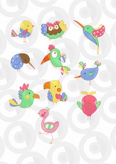 a bunch of birds that are on a white background and some have different colors in them