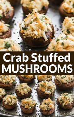 crab stuffed mushrooms on a baking sheet with text overlay