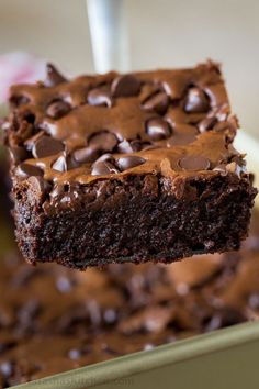 a close up of a piece of chocolate cake on a plate with a fork in it