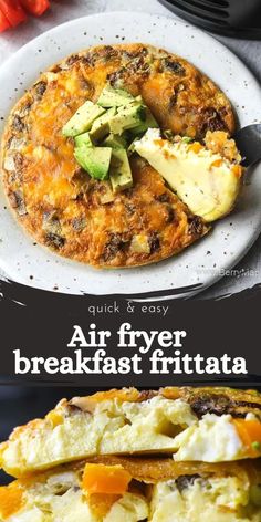 an air fryer breakfast frittata with eggs and avocado on top