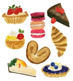 watercolor painting of different types of pastries and desserts on a white background