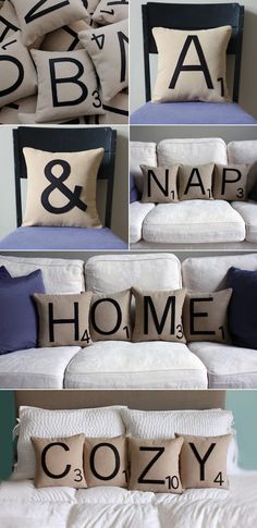 four different pillows with letters and numbers on them