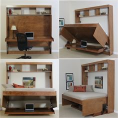 four different views of a bed with built in bookshelves and desks on each side