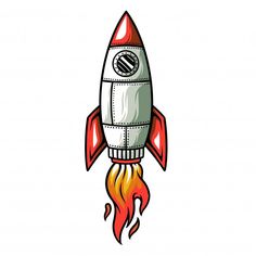 a red and white rocket ship with flames coming out of it's bottom end