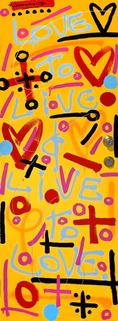 an abstract painting with different colors and shapes on it's surface, including the word love