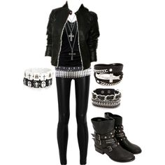 I don't really like the cross bracelet on the left or the necklaces and belts, but I love everything else! Teenage Room, Black Clothes, Casual Cosplay, Cooler Look, Gothic Outfits, Goth Outfits