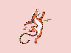 a tiger with a crown on it's head is standing in front of a pink background