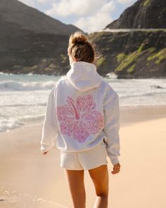 "Hawaii Hibiscus" Hoodie in Heather Cloud Pink Palm Puff Hoodie Aesthetic, Pink Palm Puff Hoodie, Pink Palm Puff, Ppp Hoodies, Yellow Hibiscus Flower, Preppy Wishlist, Hawaii Hibiscus, Dream Wishlist, Yellow Hibiscus