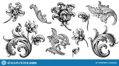 an ornate set of flowers in black and white